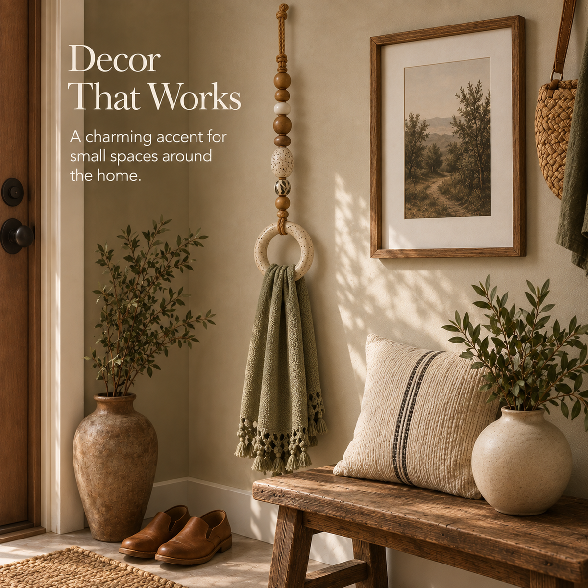 Detailed bathroom styling with decorative beaded towel holder