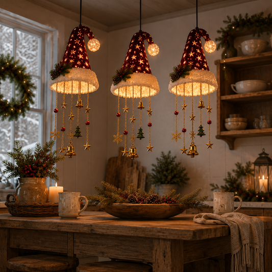 🎅💡 Vintage Santa Hat Glow Trio – 3-Piece Christmas Hanging Accent Set