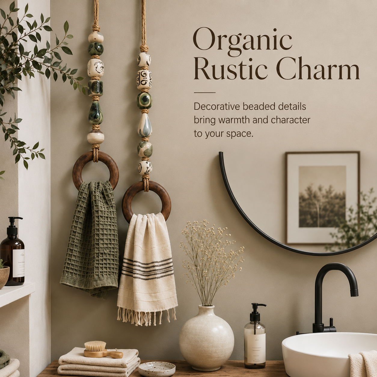 Organic rustic ceramic beaded hanging towel holder