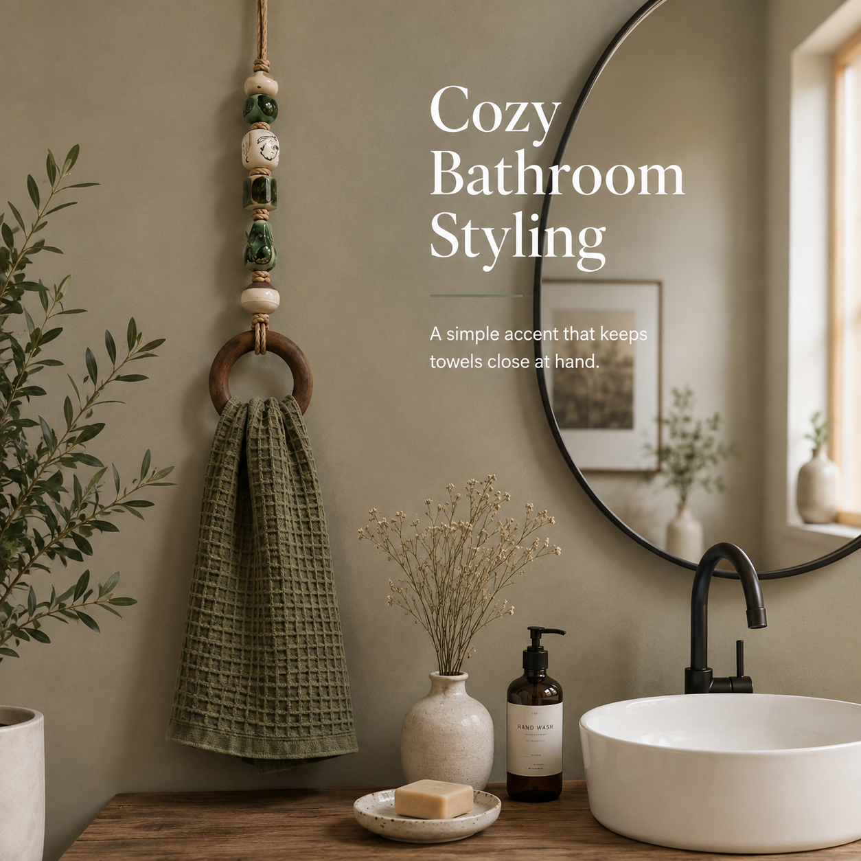 Ceramic beaded towel ring styled beside bathroom sink