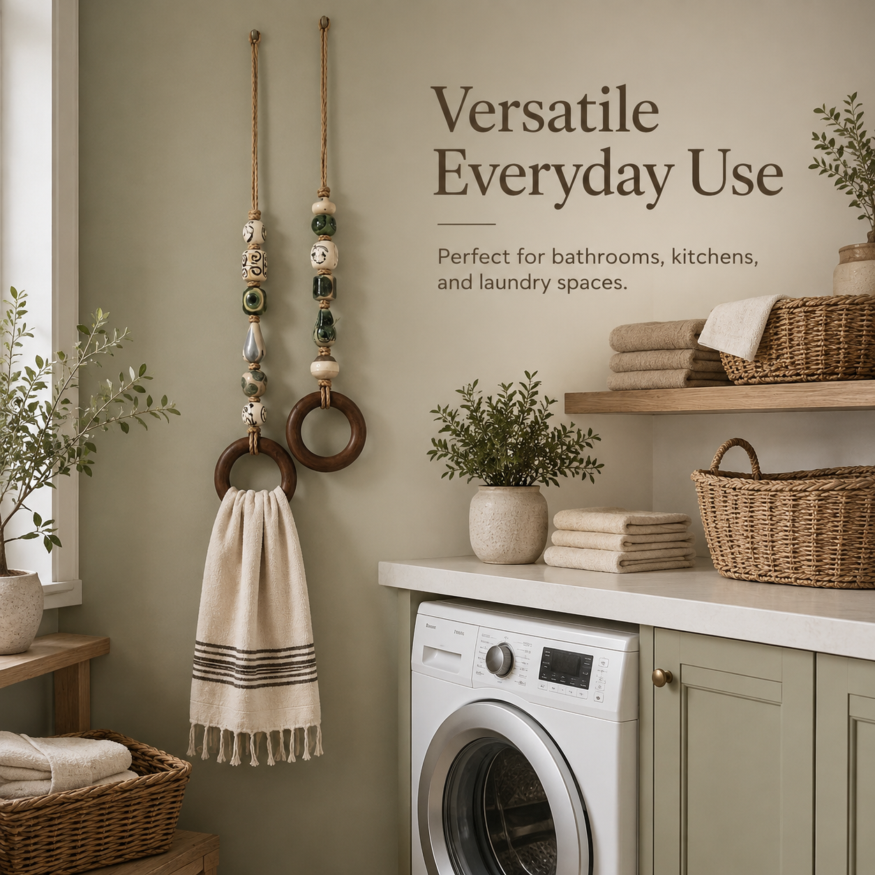Earth tone ceramic beaded towel holders in organic modern bathroom