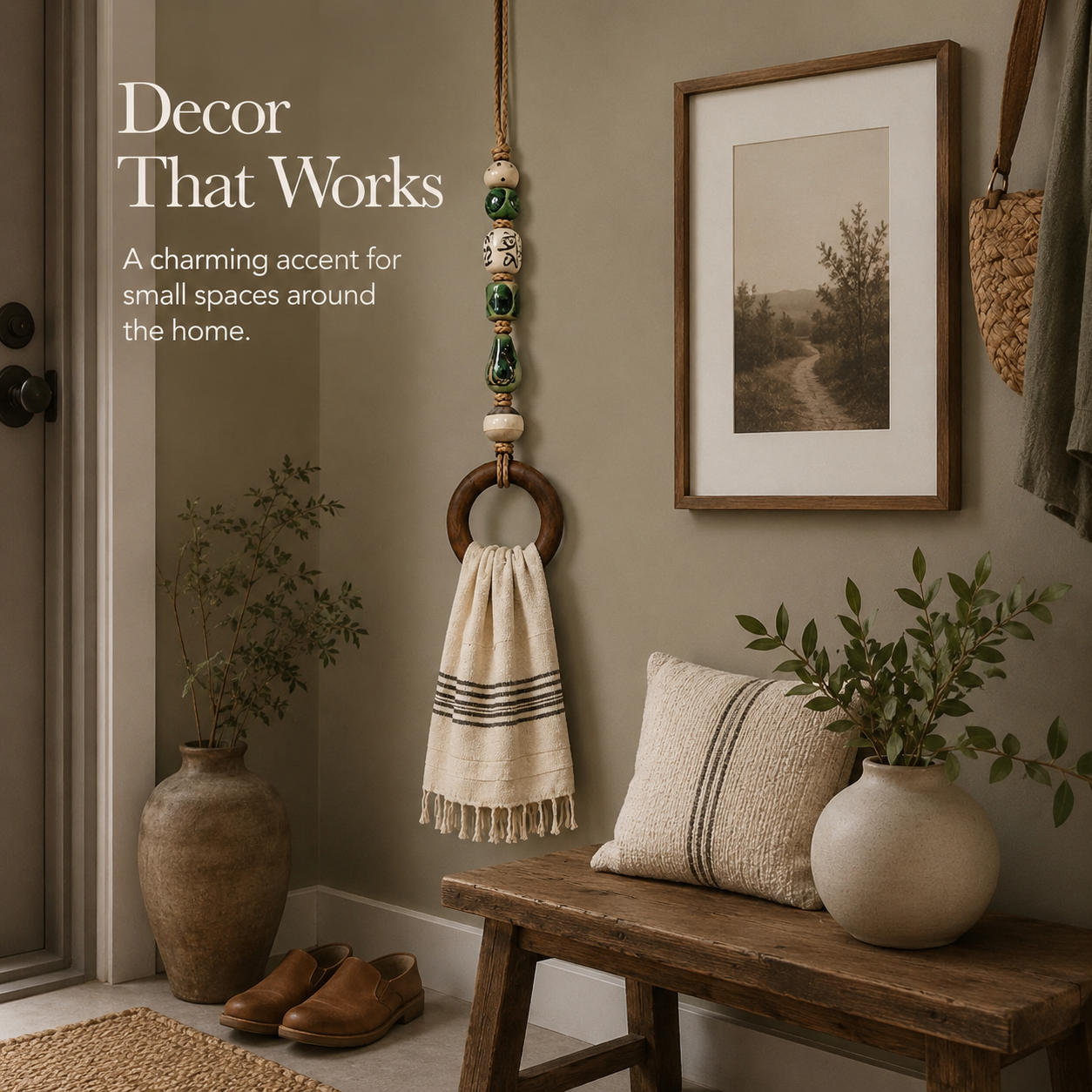 Decorative beaded towel holders complementing multiple decor styles