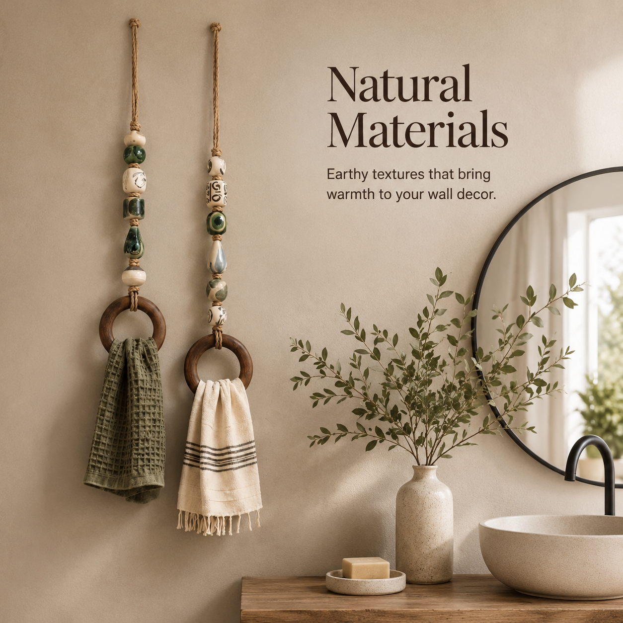 Natural material ceramic bead and wooden ring towel holder