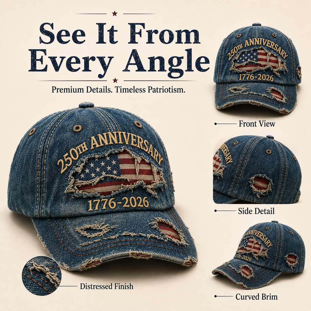 🎁🇺🇸 250th Anniversary Vintage Denim Patriotic Cap