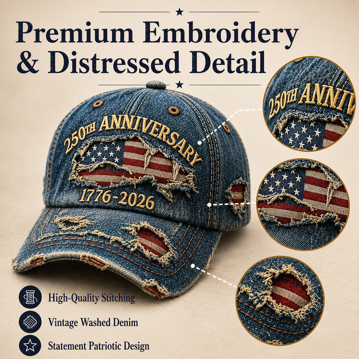 🎁🇺🇸 250th Anniversary Vintage Denim Patriotic Cap