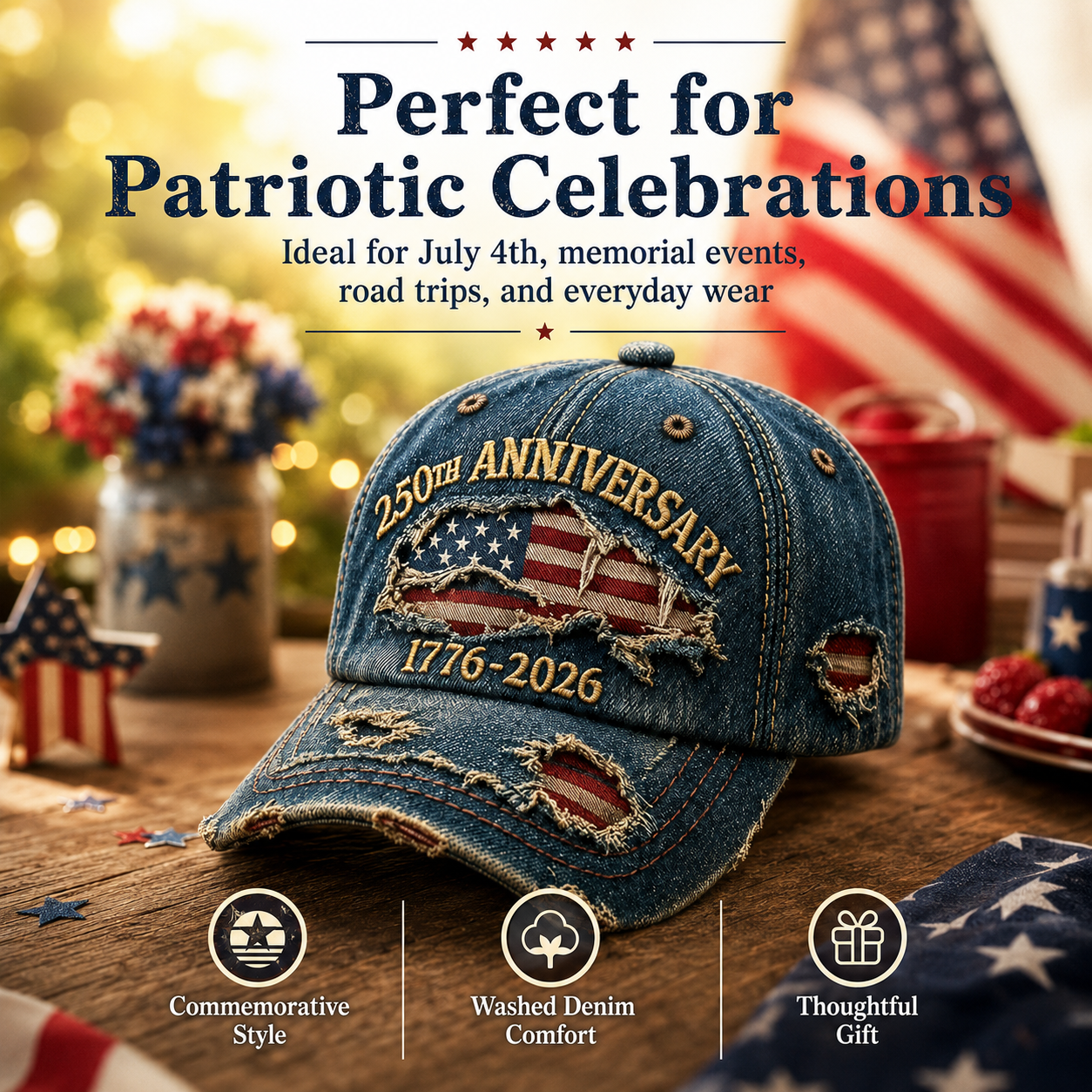 🎁🇺🇸 250th Anniversary Vintage Denim Patriotic Cap