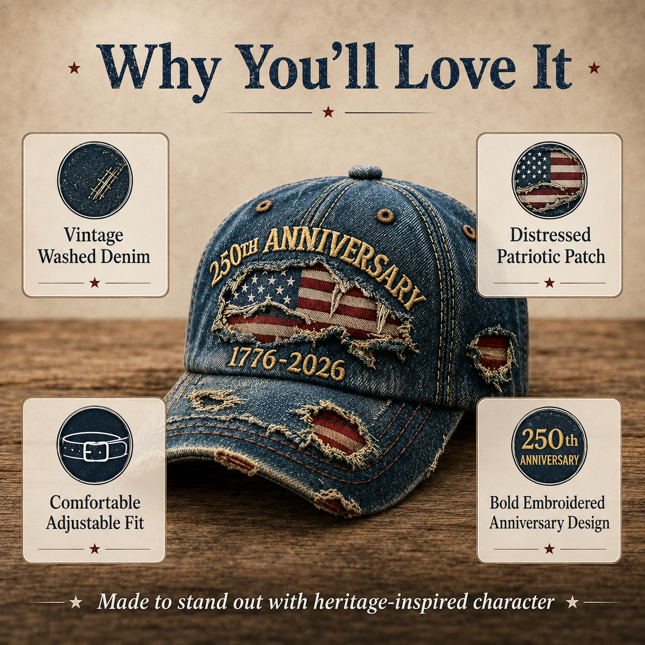 🎁🇺🇸 250th Anniversary Vintage Denim Patriotic Cap