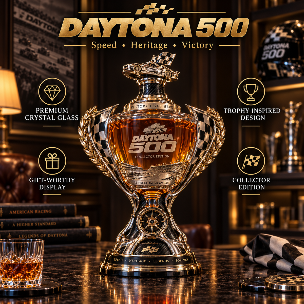 🏁 Daytona 500 Racing Legacy Trophy Whiskey Decanter – Collector’s Edition 🏆