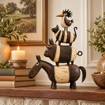 Four Friends Folk Art Stack™ – Rustic Stacked Animal Sculpture for Farmhouse Home Decor