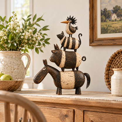 Four Friends Folk Art Stack™ – Rustic Stacked Animal Sculpture for Farmhouse Home Decor