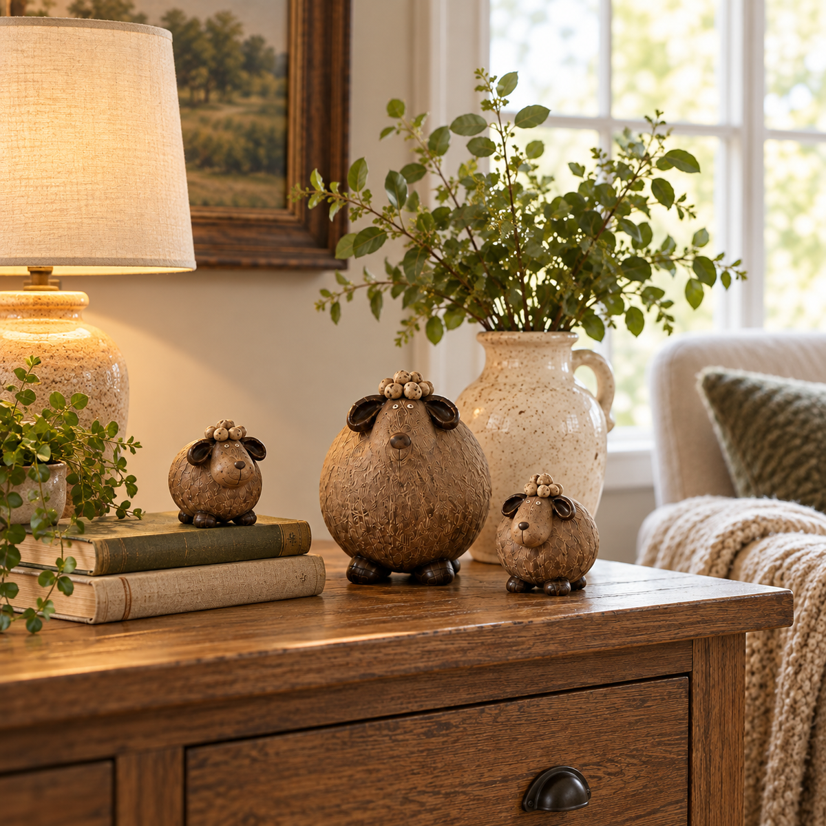 Three sheep styled on a wooden sideboard