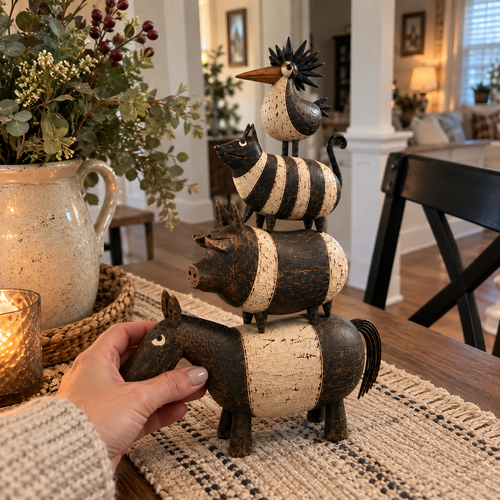 Hand holding the rustic animal sculpture