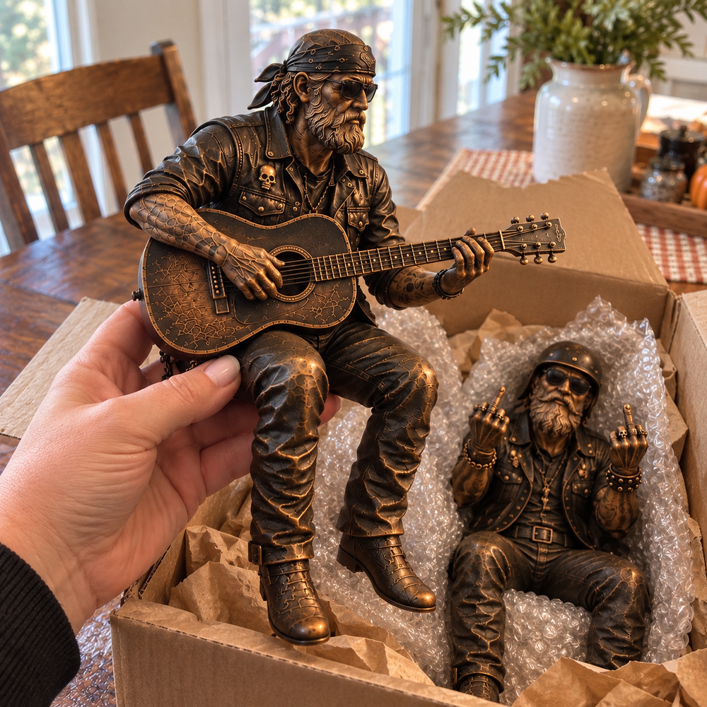 Close view of Roadside Guitarist biker figurine