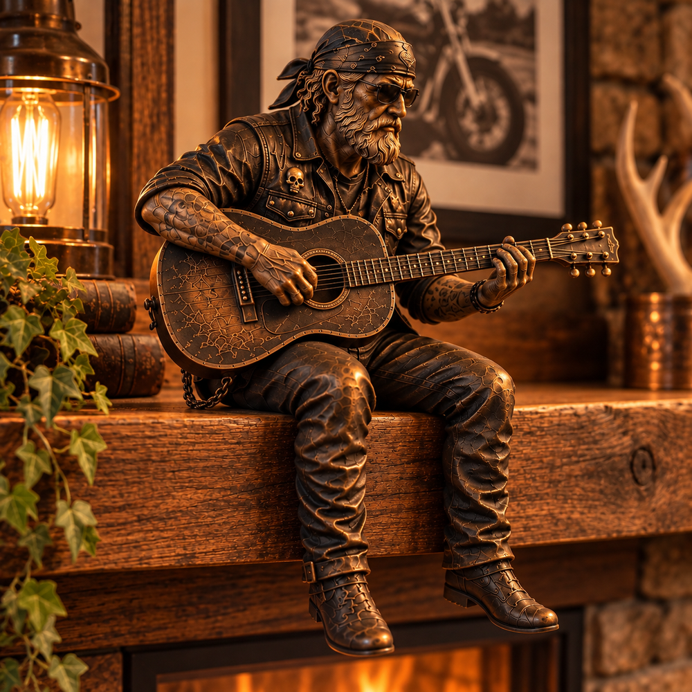 Motorcycle rider figurine sitting on shelf edge