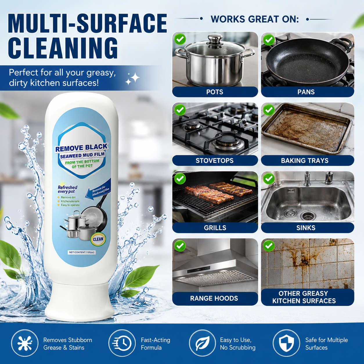 ⏰Burnt Residue Remover Mud Film - Dissolves Stubborn Carbonized Grease in 5 Mins, Non-Toxic & No Scrubbing Needed 🍳📦