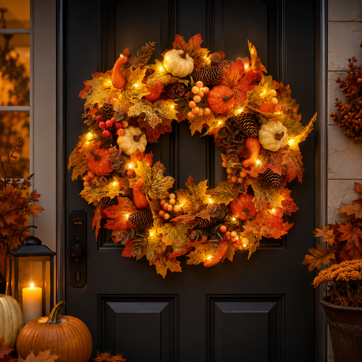 🍂🎃Autumn Pumpkin Pine Cone Wreath with Lights