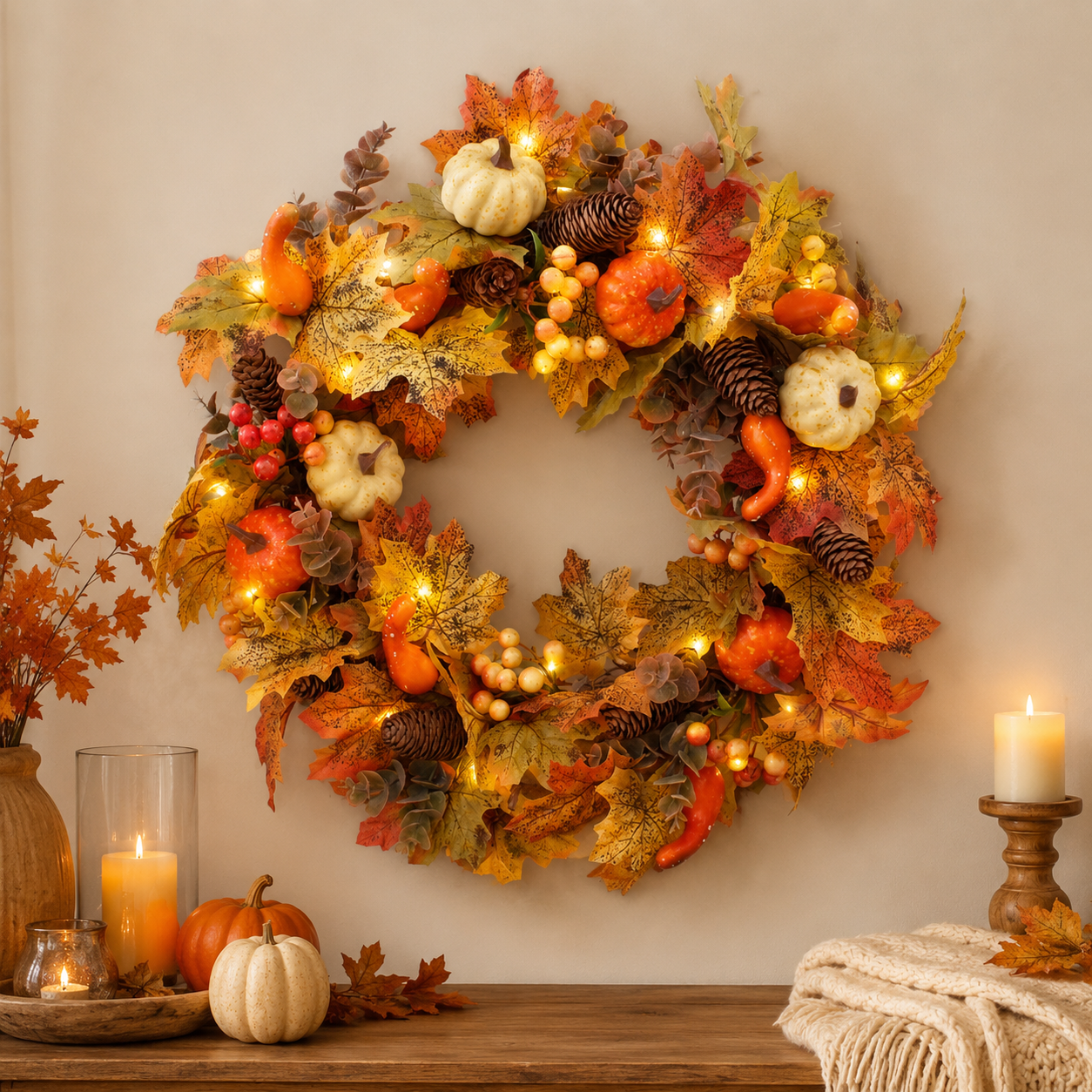 🍂🎃Autumn Pumpkin Pine Cone Wreath with Lights