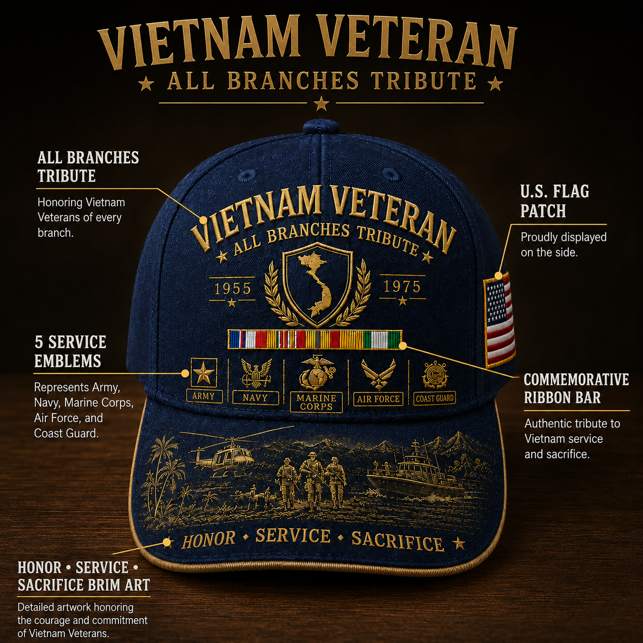 us🚁🎖️Vietnam Veteran United Services Tribute Cap – Honor, Service & Sacrifice 1955–1975