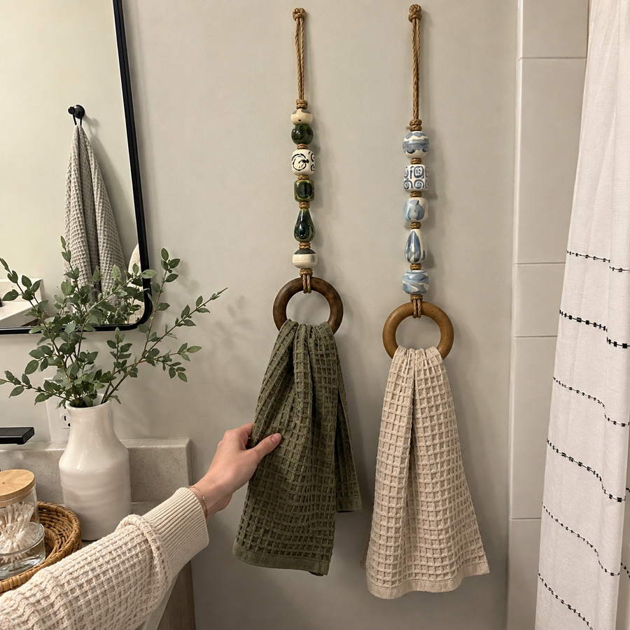 Customer using beaded wooden towel ring