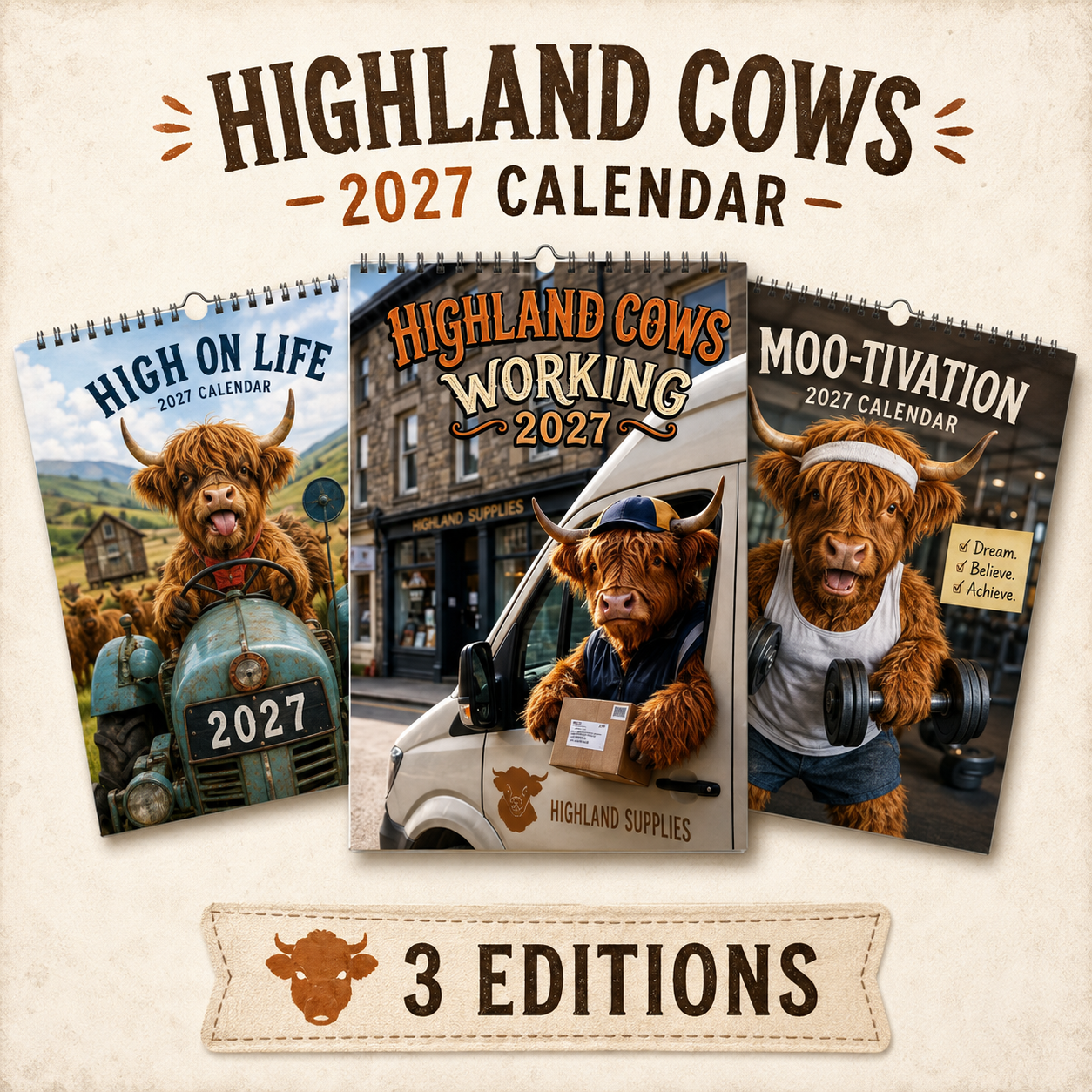 🐮🎁2027 Funny Highland Cows Wall Calendar | A4 Hanging Calendar