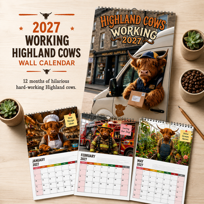 🐮🎁2027 Funny Highland Cows Wall Calendar | A4 Hanging Calendar