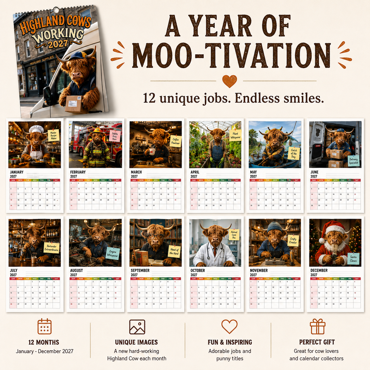 🐮🎁2027 Funny Highland Cows Wall Calendar | A4 Hanging Calendar