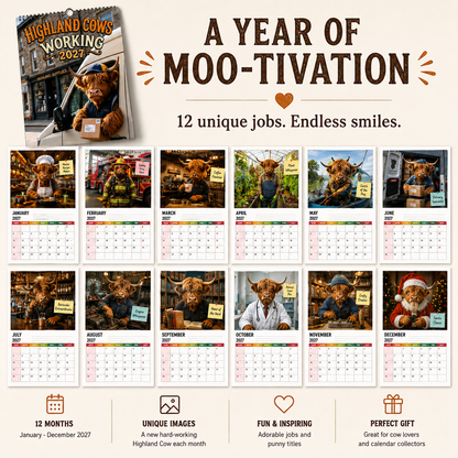 🐮🎁2027 Funny Highland Cows Wall Calendar | A4 Hanging Calendar