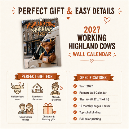 🐮🎁2027 Funny Highland Cows Wall Calendar | A4 Hanging Calendar