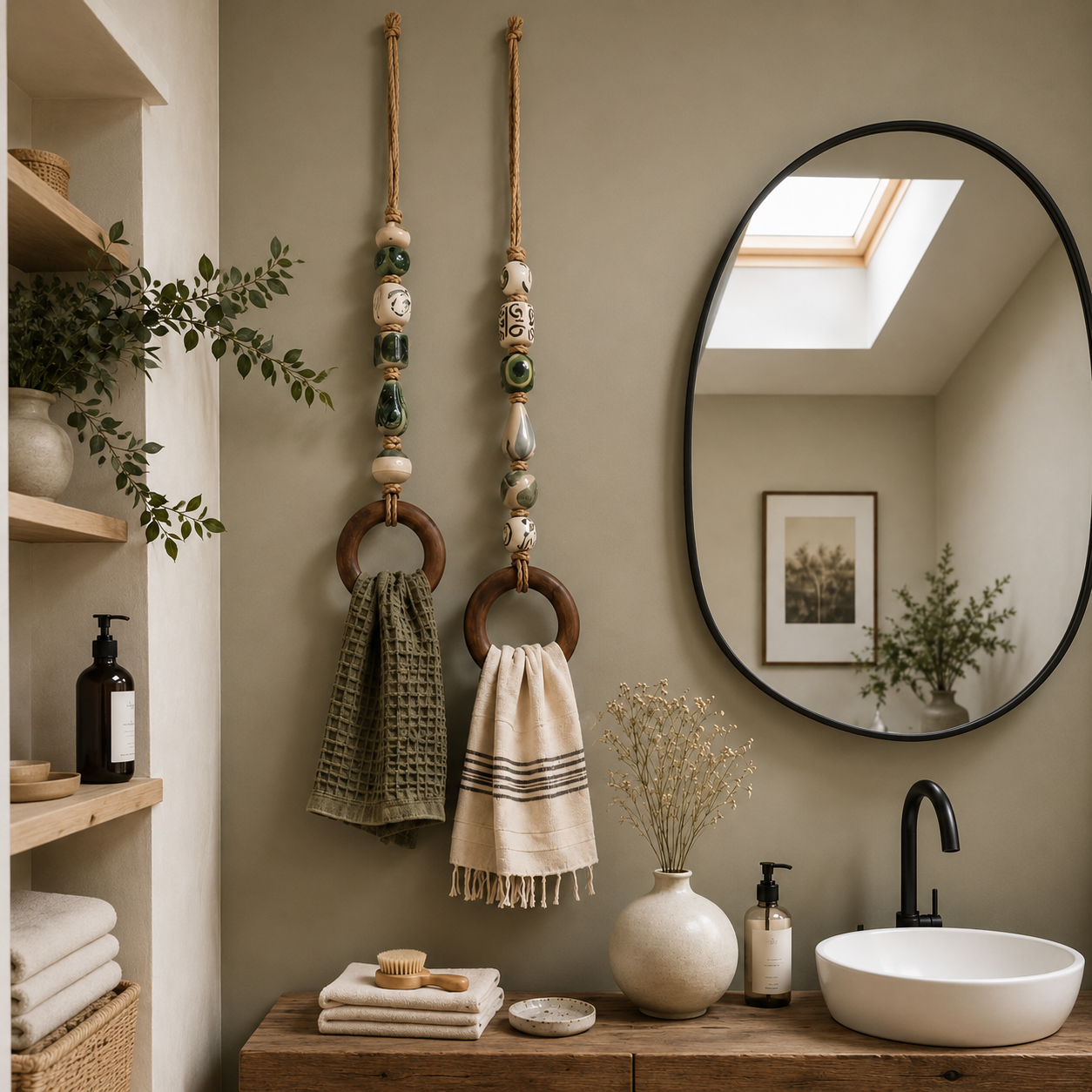 Decorative ceramic beaded towel holders styled in a kitchen