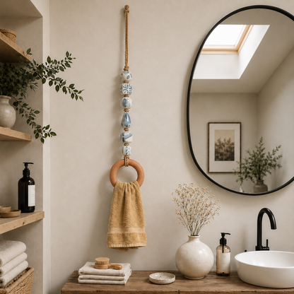 Coastal Blue Beaded Towel Hanger with Wooden Ring