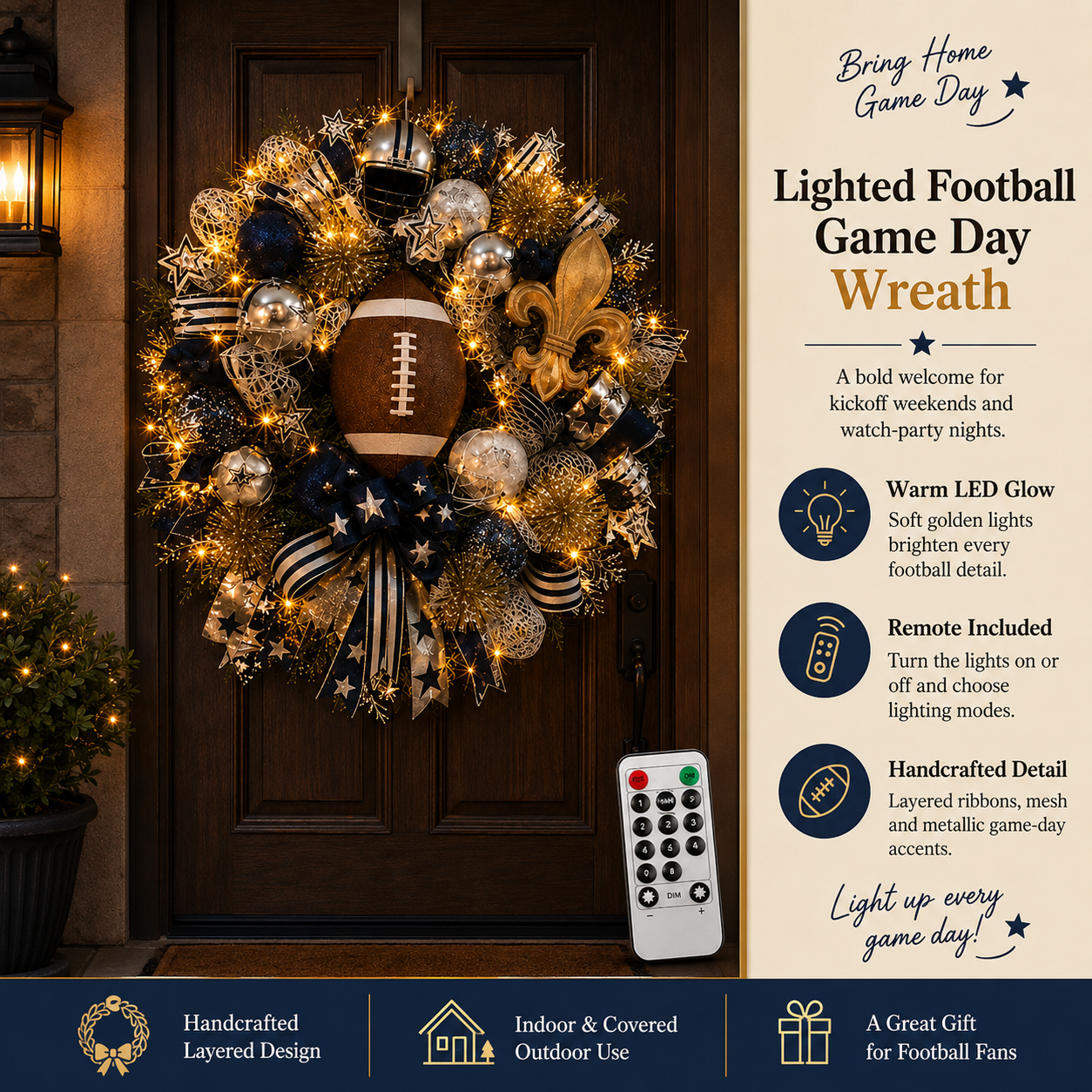 Football Team Handcrafted Wreath for Game-Day Front Door Decor