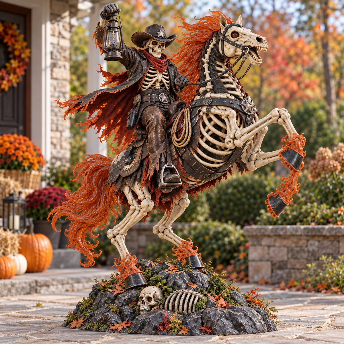 Flaming Skeleton Cowboy Rider Yard Light – Haunted Western Halloween Outdoor Decor