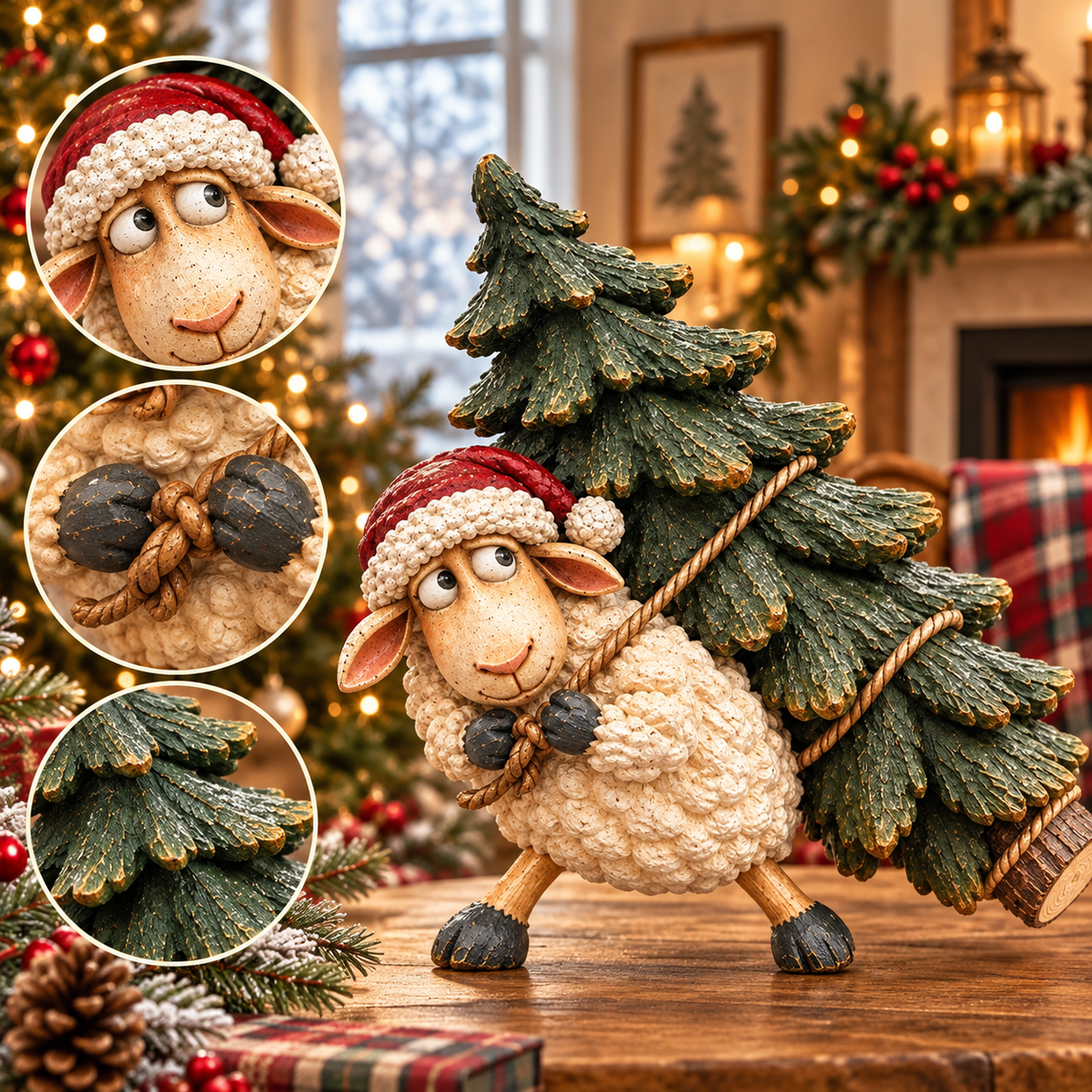 Christmas sheep carrying a little evergreen tree