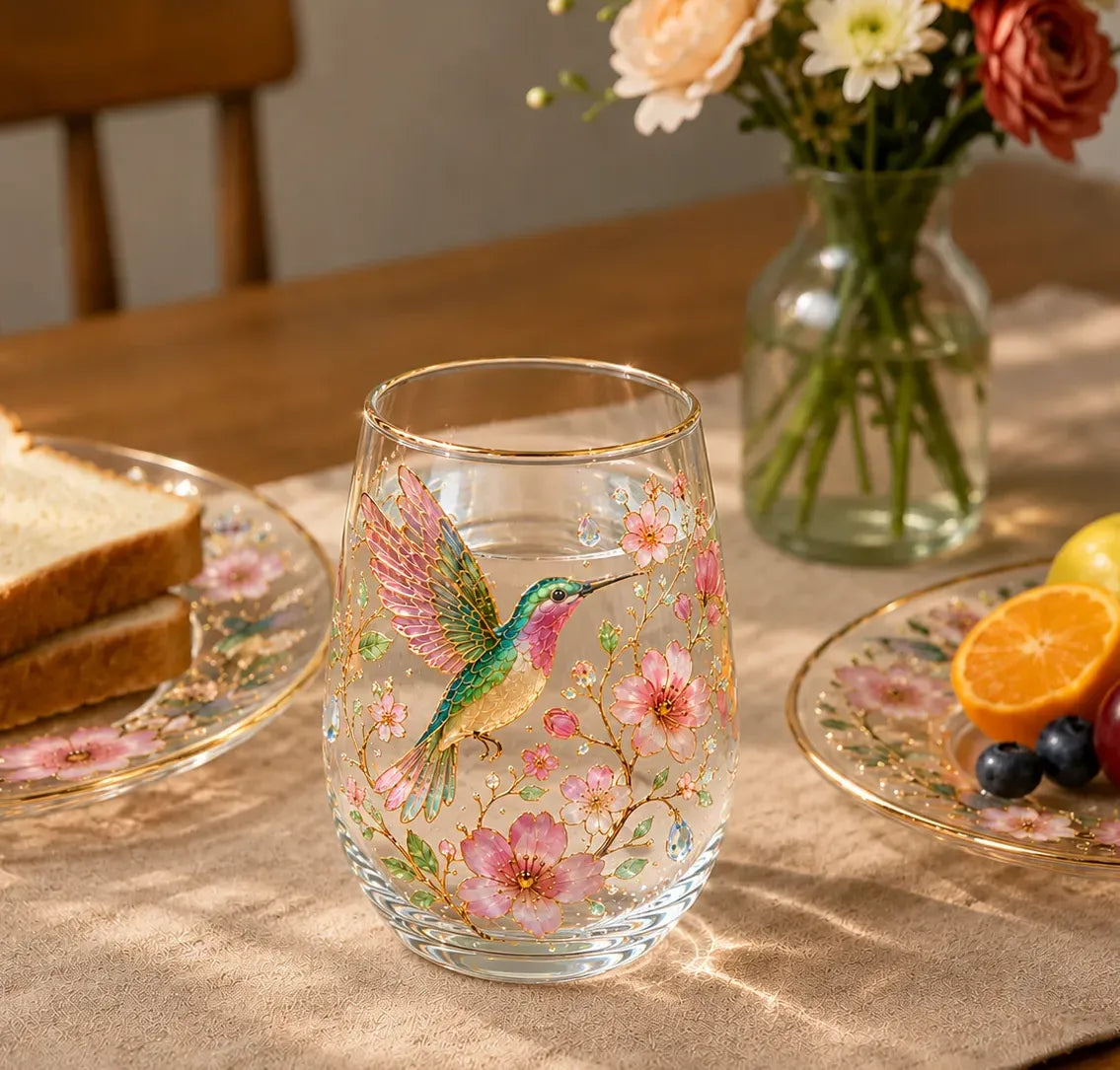 ☕🌸Hummingbird Flora Glass Cup