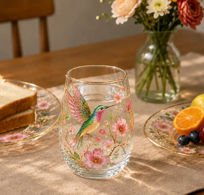 ☕🌸Hummingbird Flora Glass Cup