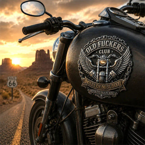 🦅Old Fuckers Club – Miles of Mischief Motorcycle Emblem | Ride with Pride