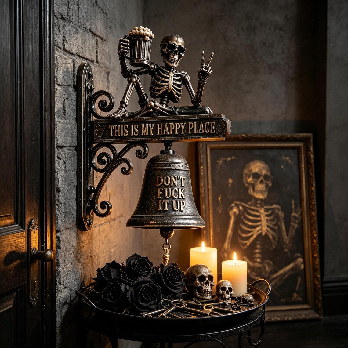 💀🔔 Skeleton Wall Bell “This Is My Happy Place”