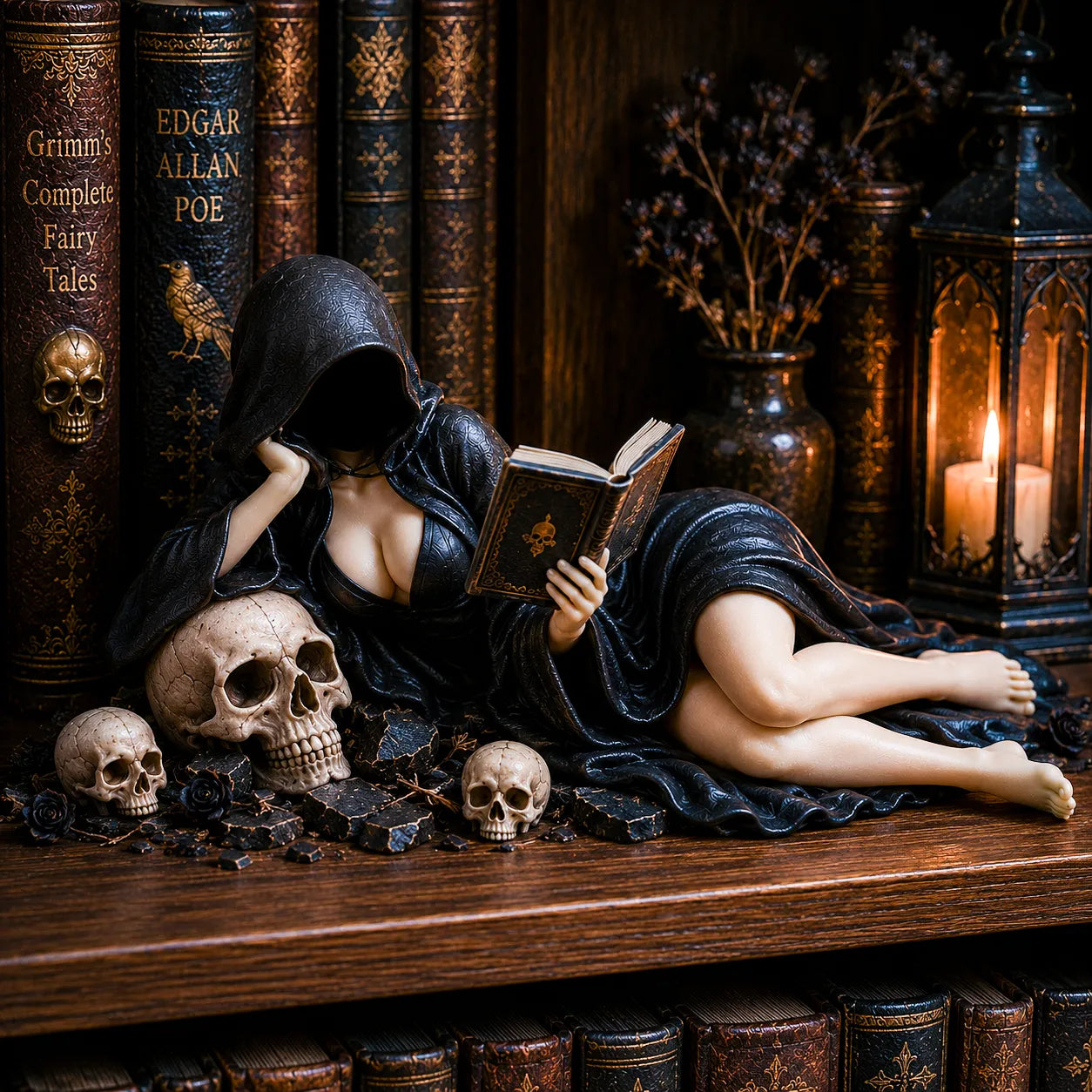 💗Last Day:70% OFF✨Gothic Hooded Reader Figurine – Dark Academia Bookshelf Decor💀