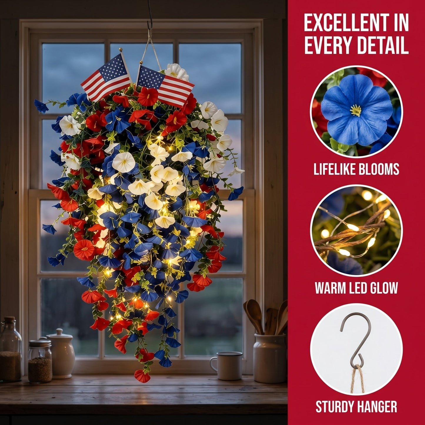 4th of July Decoration Tricolor Patriotic Artificial Flower with 3M LED light string,warm light Color,Button Remote Control