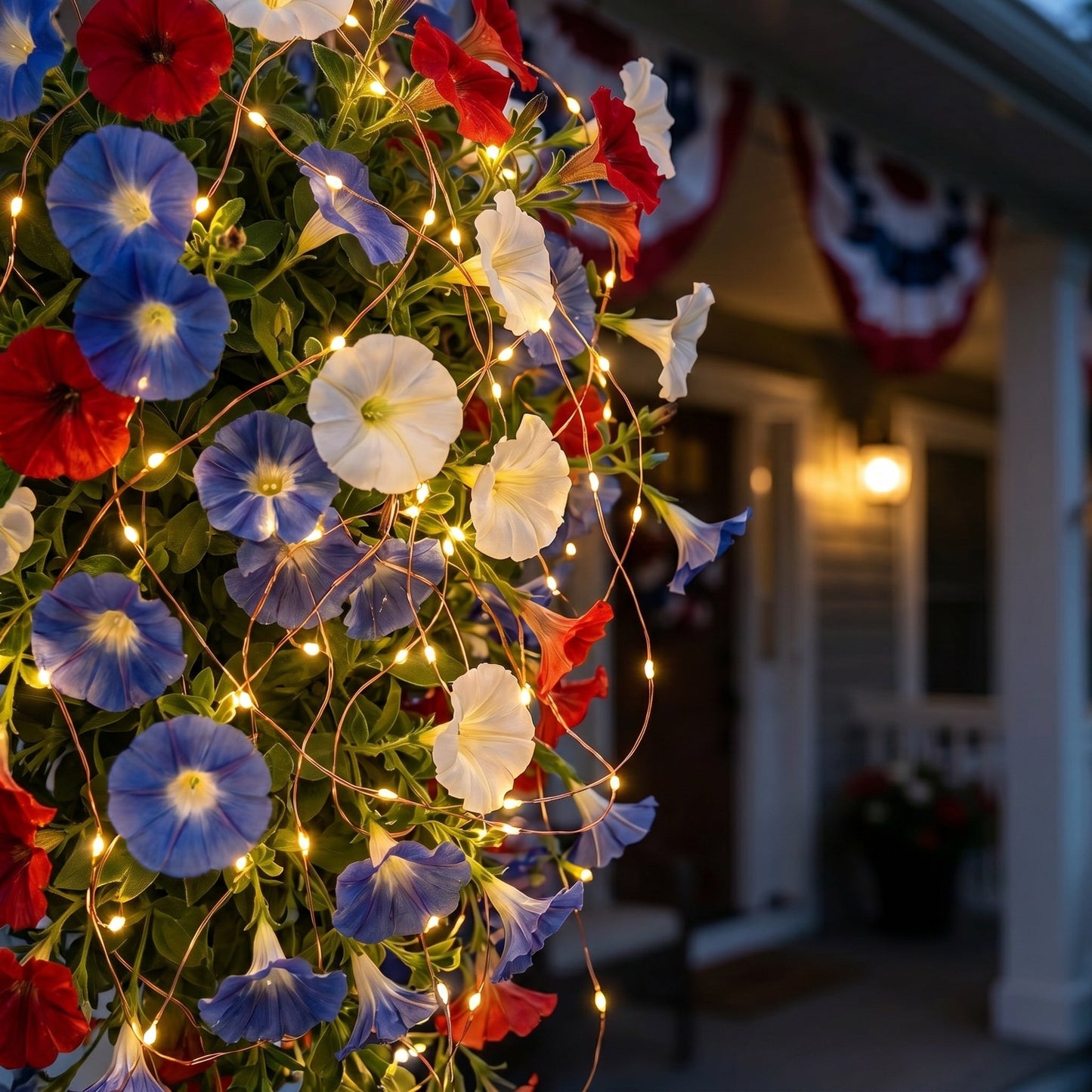 4th of July Decoration Tricolor Patriotic Artificial Flower with 3M LED light string,warm light Color,Button Remote Control
