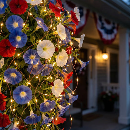 4th of July Decoration Tricolor Patriotic Artificial Flower with 3M LED light string,warm light Color,Button Remote Control