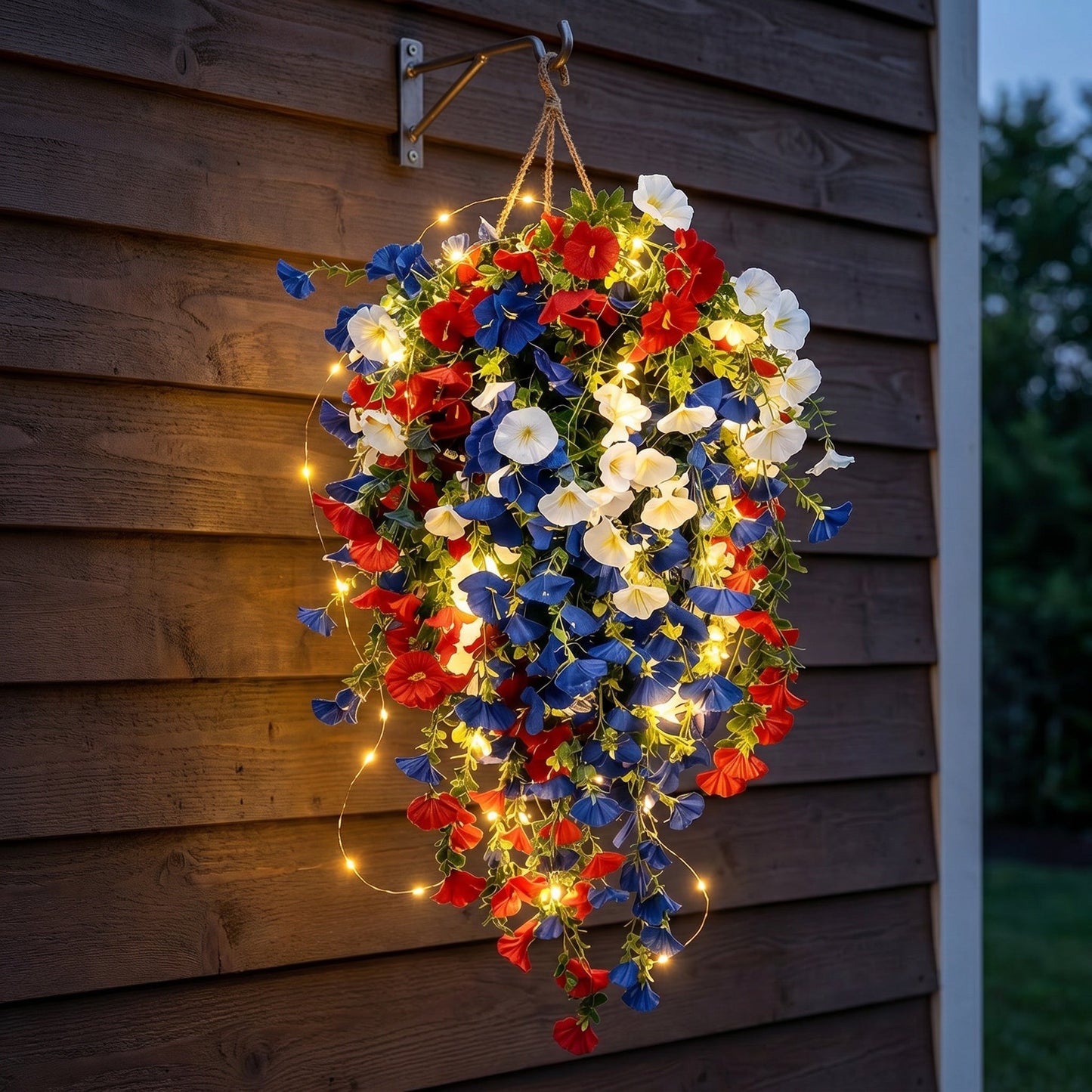 4th of July Decoration Tricolor Patriotic Artificial Flower with 3M LED light string,warm light Color,Button Remote Control