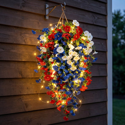 4th of July Decoration Tricolor Patriotic Artificial Flower with 3M LED light string,warm light Color,Button Remote Control