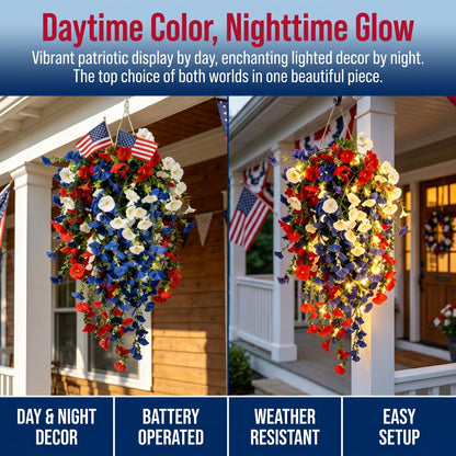 4th of July Decoration Tricolor Patriotic Artificial Flower with 3M LED light string,warm light Color,Button Remote Control