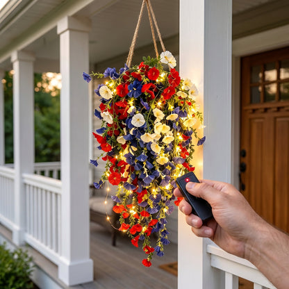 4th of July Decoration Tricolor Patriotic Artificial Flower with 3M LED light string,warm light Color,Button Remote Control