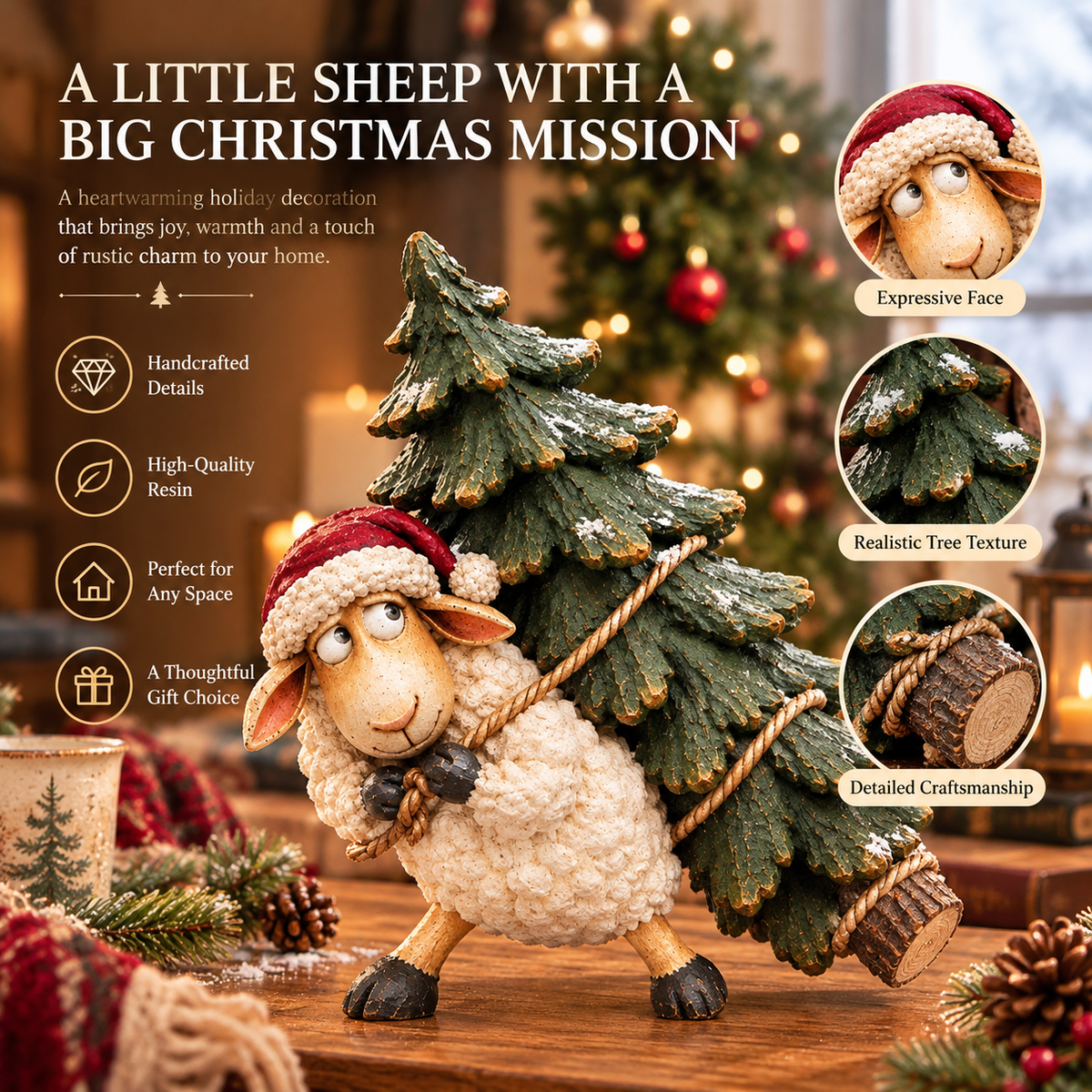 Sheep Christmas figurine in a cozy winter living room