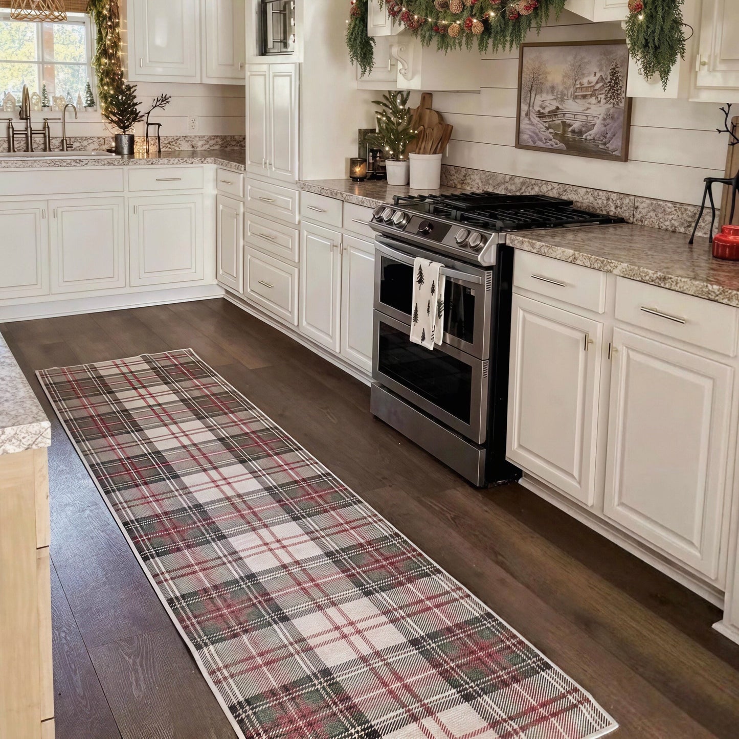 American Vintage Plaid Kitchen Runner Rug - Non-Slip & Machine Washable