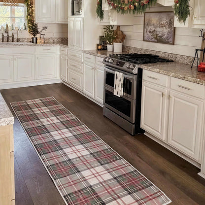 American Vintage Plaid Kitchen Runner Rug - Non-Slip & Machine Washable