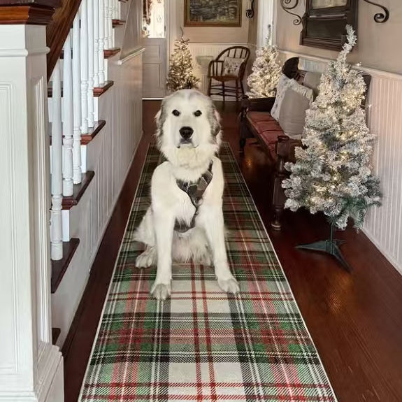 American Vintage Plaid Kitchen Runner Rug - Non-Slip & Machine Washable
