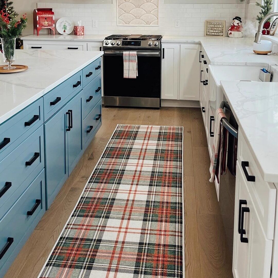 American Vintage Plaid Kitchen Runner Rug - Non-Slip & Machine Washable